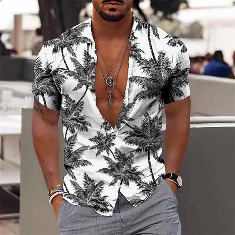 2024 Summer Hawaiian Mens Shirt Vacation Daily Slim-fit Top Gym Elegant Floral Pattern Leaves Society Casual Fashion W250627