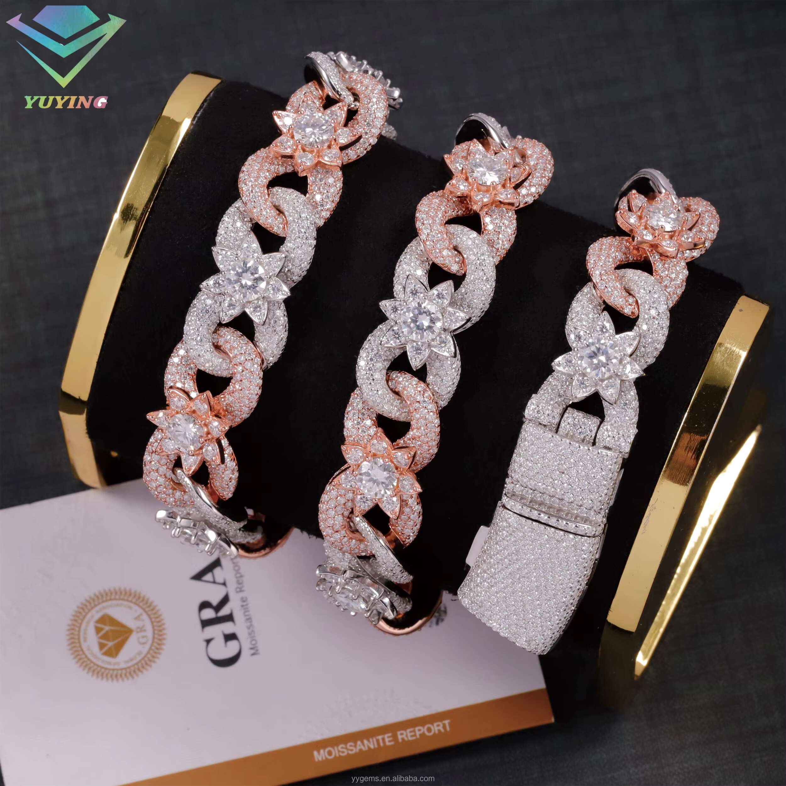 HOT SELLING 15mm Colorful Moissanite Flower Ready Stock Cuban Link Hip Hop Fancy Diamond Cuban Link Chain Moissanite 925