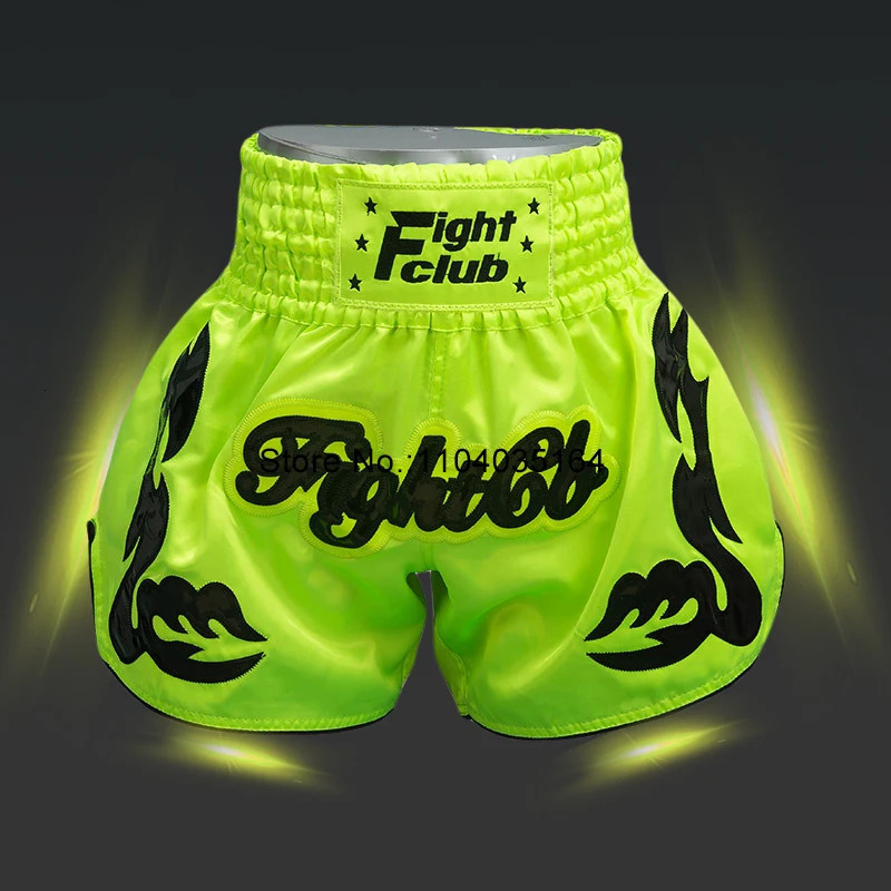 Muay Thai Shorts Fluorescent Green Thai Boxing Shorts Men Women Kids Satin MMA Clothes Fitness Sports Fight Kickboxing Shorts 250626