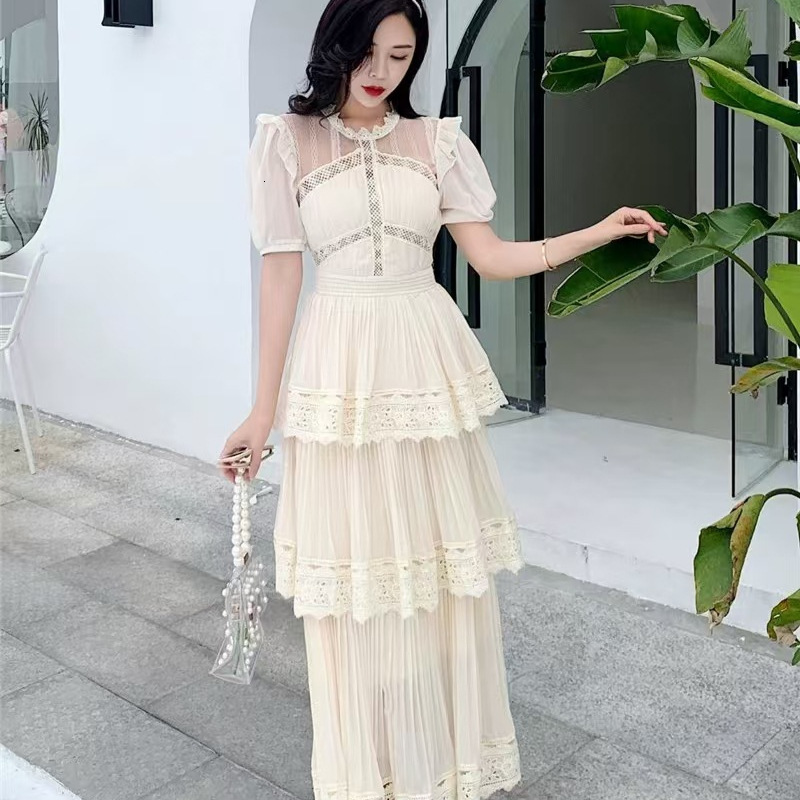 Women Cascading Ruffle Summer Self Portrait Dress Short Sleeve Lace Patchwork Maxi Long Vestidos 210520
