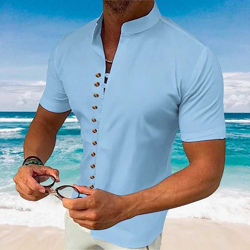 New Retro Mens Cotton-linen Casual Loose Short-sleeved Henley Shirt W250627