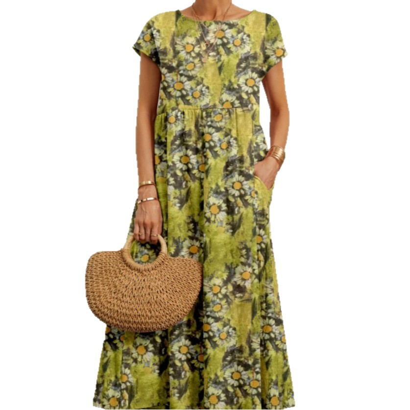 K6271European and American summer new loose round neck printed pocket dress for women