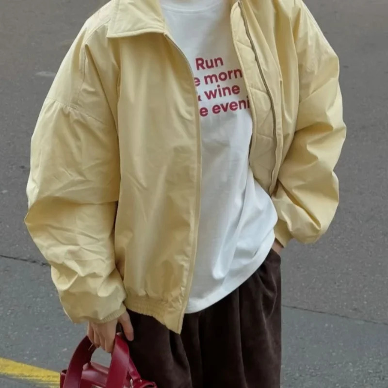 Fashion Trendy Oversized Goose Yellow Bomber Jacket Stylish Streetwear Flight Coat Loose Fit Casual jacket Versatile Coat 250627