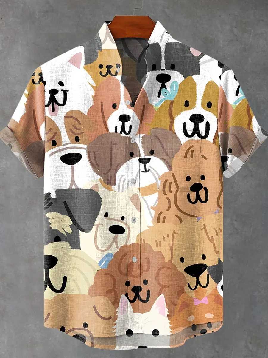 2025 Mens New Summer Cartoon Cute Dog Printed Pattern Comfortable Retro Exquisite Art Linen Shirt Casual Mens Button Top W250627