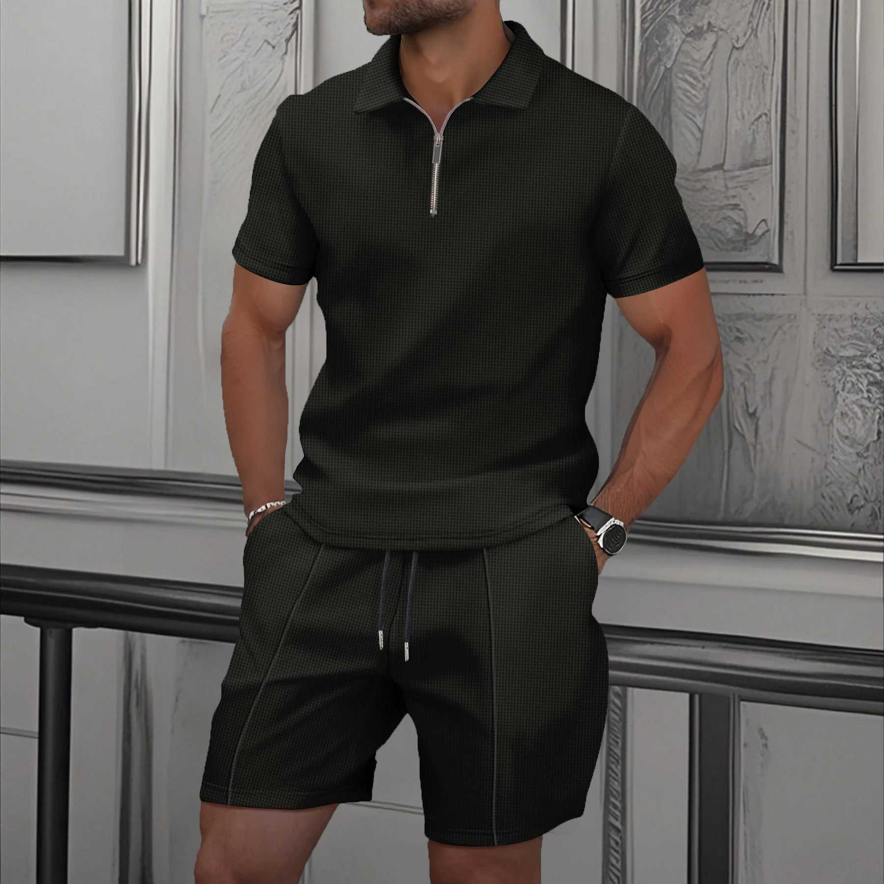 2025 New Summer Mens Short-sleeved Shorts Set Europe and the United States Waffle Solid Color Zip-up Lapel T-shirt Sweatshirt XJ250627