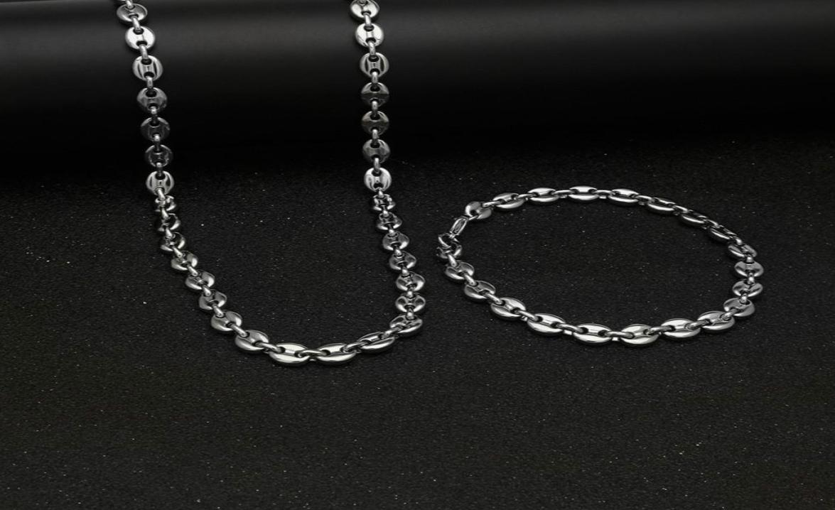 316L Stainless Steel Coffee Bean Chain 22quotNecklace and 8quotBracelets Fashion Hip Hop Jewelry Set Gold Chain for Men6193837