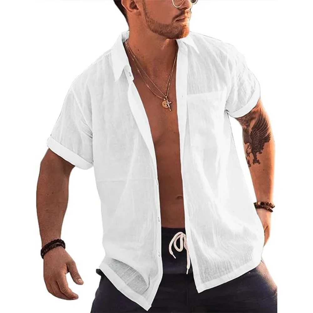 Mens Short Sleeve T-Shirts Button Up Shirts Linen Cotton Beach Tops Turn Down Collar Summer T Shirt with Pocket W250627