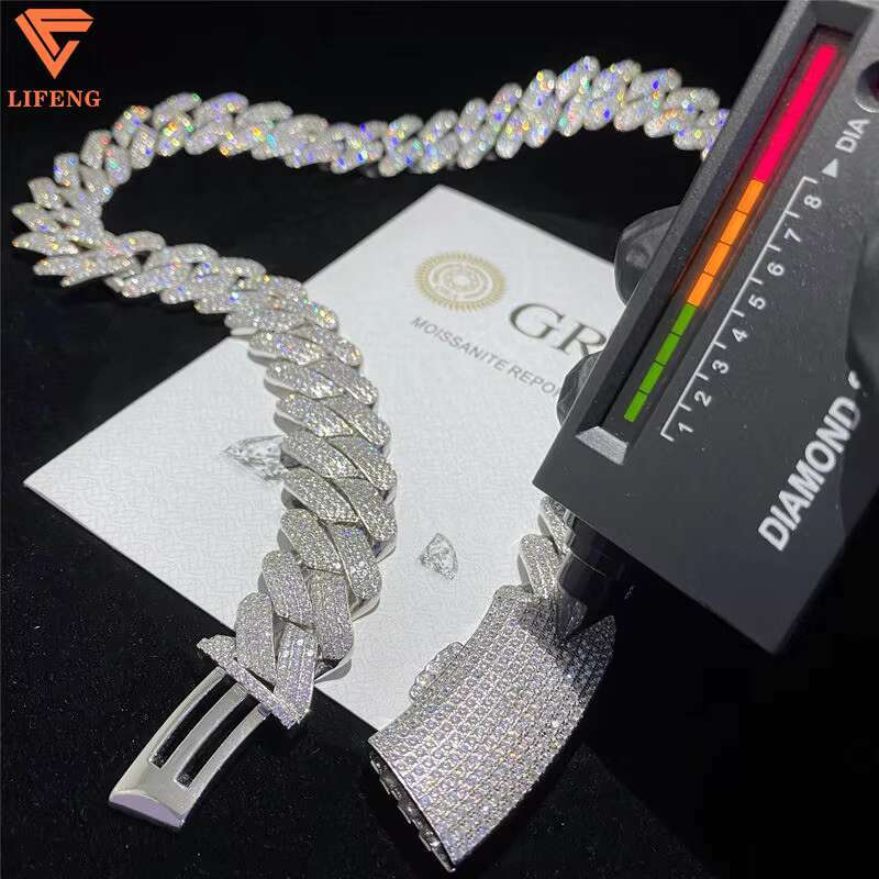 14MM Full Iced VVS Moissanite Cuban Link Necklace 925 Sterling Silver Bling Diamond Hip Hop Jewelry for Men D Color