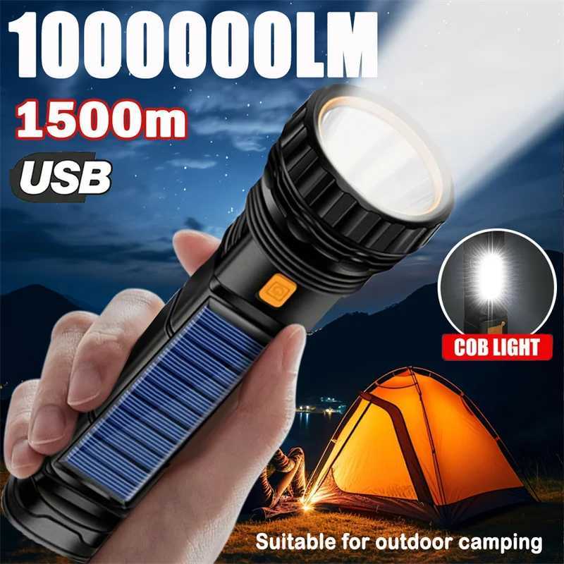 High Power LED Flashlight Solar And USB Rechargeable Powerful Tactical Torch Super Long Range Lamp Outdoor Camping W250701