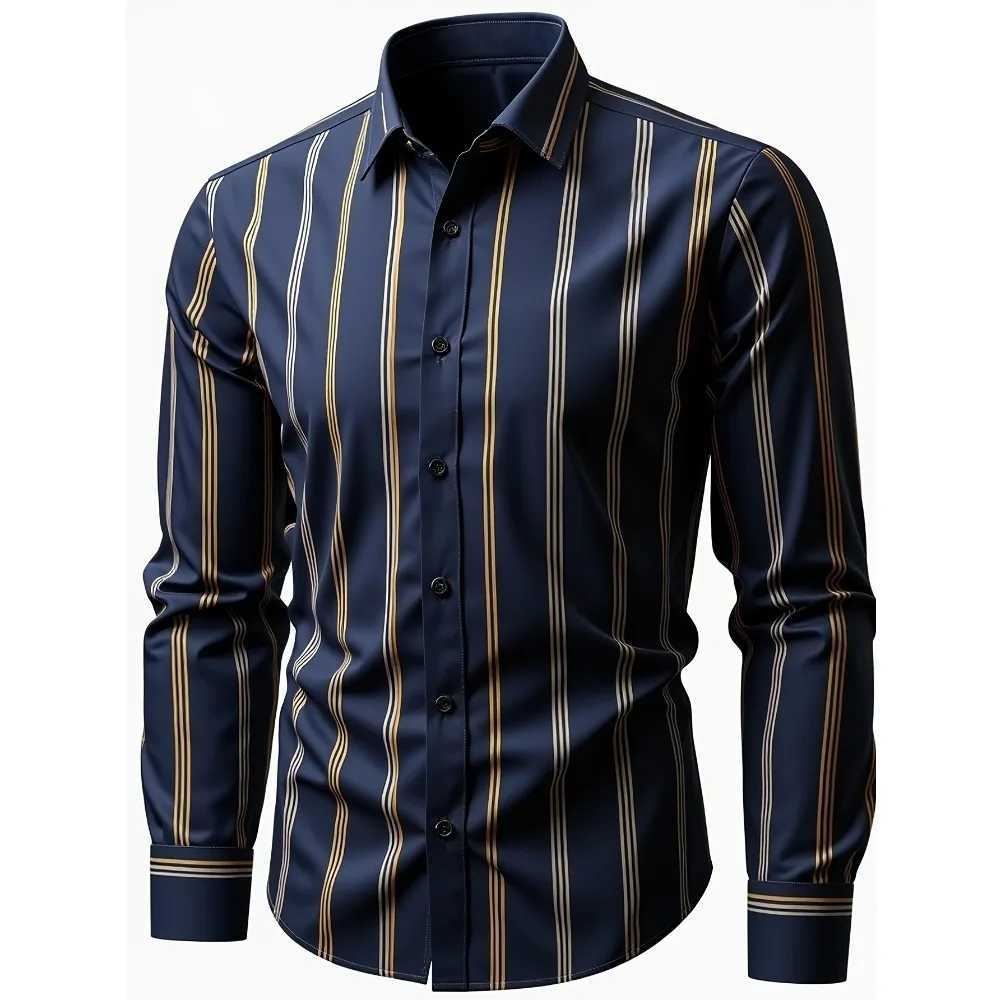 FGKKS New Mens Dress Shirt Fashion Long Sleeve Mens Casual Elastic Fabric Striped Male Smart Shirt W250627