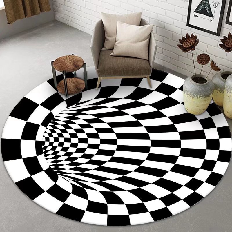 VIKAMA Swirl Tessellated Round Rug Living Room Ins Style Easy To Clean Modern Minimalist Black And White Carpet Home Decoration