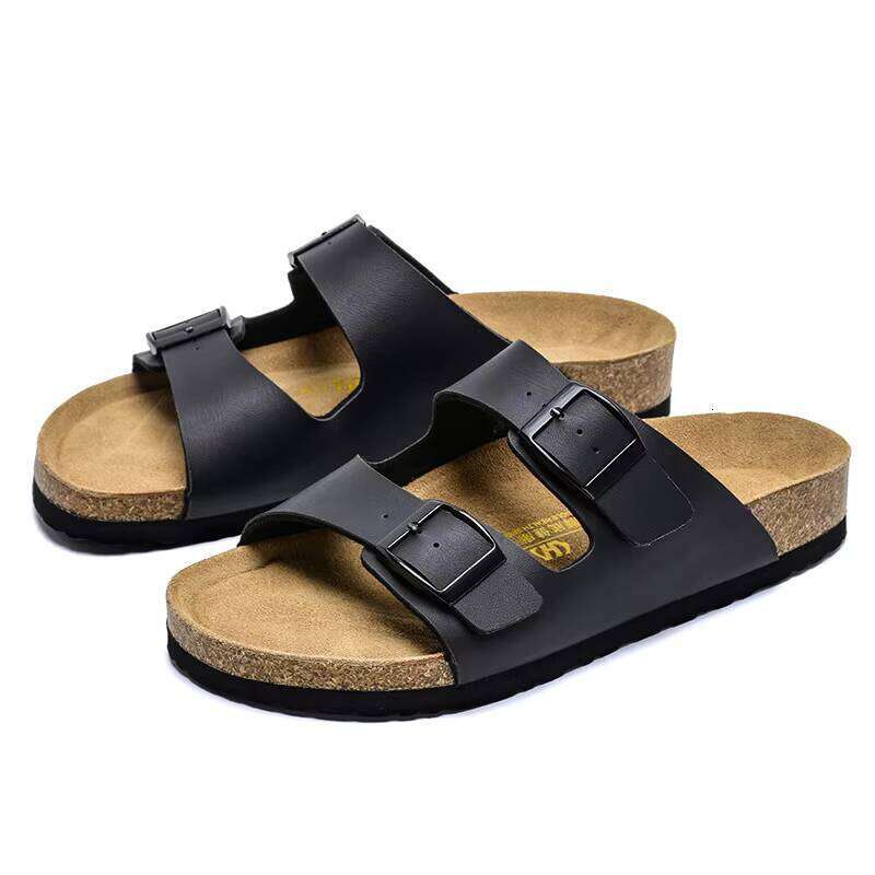 2024 Summer New Double-Breasted Cork Slippers Unisex Genuine Leather Sandals Comfortable for Outdoor Wear