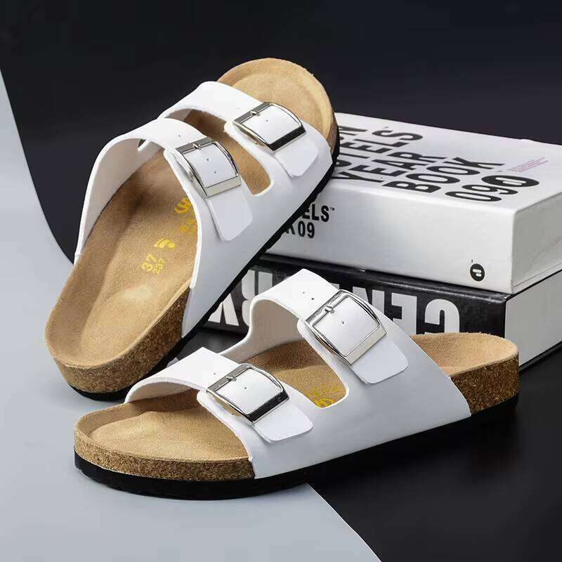 2024 Summer New Double-Breasted Cork Slippers Unisex Genuine Leather Sandals Comfortable for Outdoor Wear