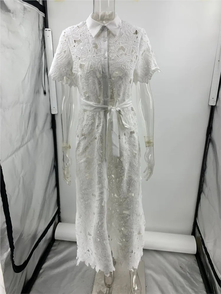 Elegant Long Dress Women White Sexy Hollow Short Sleeved Single Breasted Lace Up Dresses Summer Holiday Party Vestidos 250626