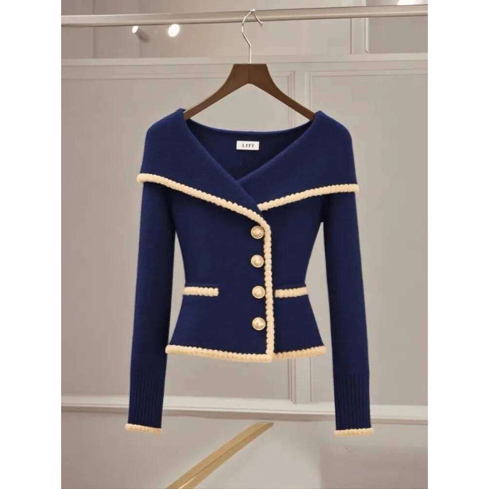 Light High-End Navy Blue Cardigan Sweater For Women, 2024 Autumn And Winter New Fashion Versatile Knitted Top