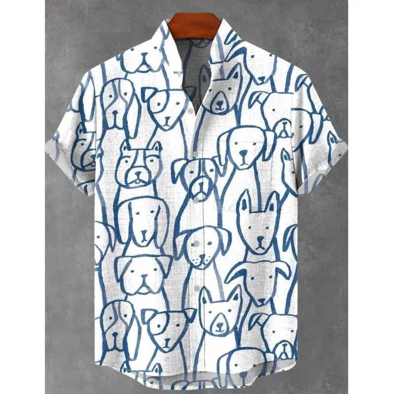 Mens New Cartoon Puppy Elegant Artistic Pattern Linen Fabric Short Sleeve Shirt Summer Casual Top Suitable For Vacation W250627