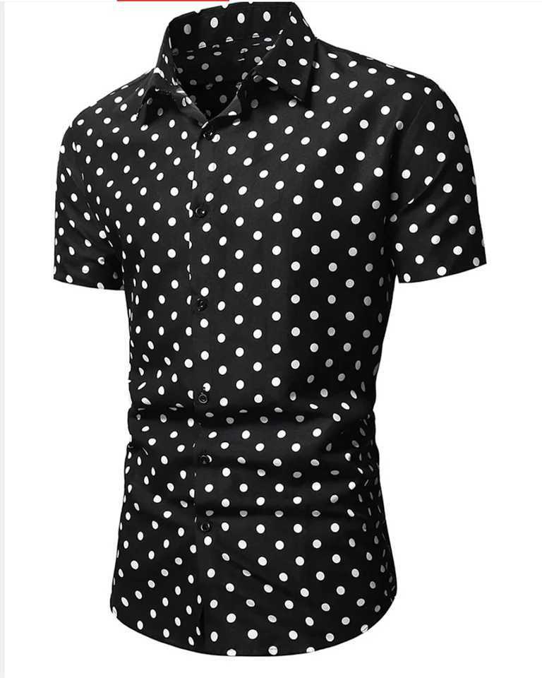 Mens shirt summer beach shirt black and white short sleeve polka dot lapel vacation clothing fashionable casual comfortable 5XL W250627