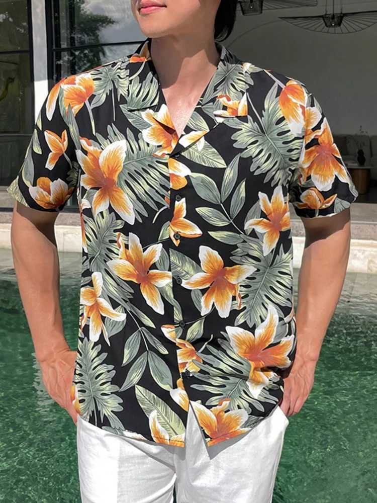 Summer Mens Lapel Short-sleeved Shirt Bright Floral Print Street Trend Casual Single-breasted Shirt For Outdoor Casual W250627