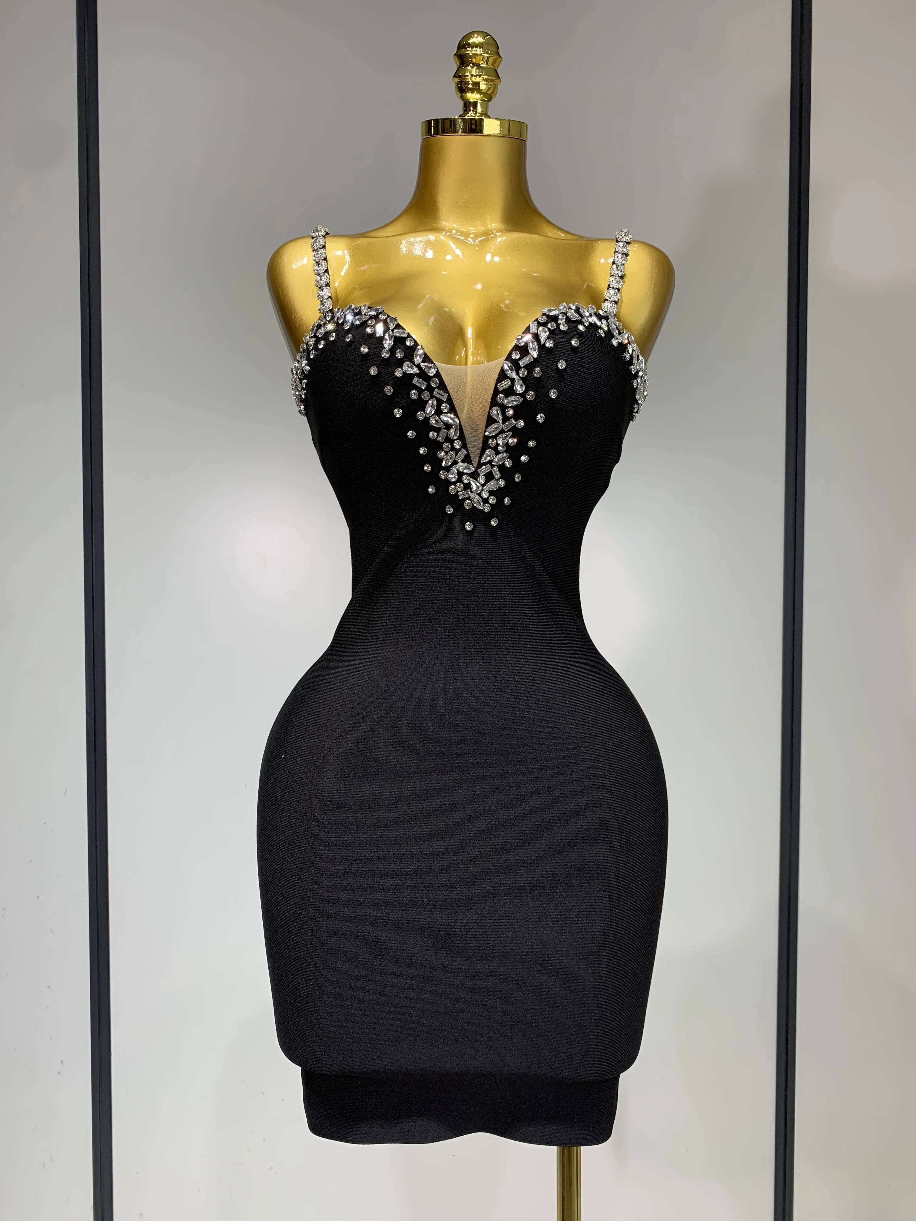 Women Sexy Sling V-Neck Black Mini Bodycon Bandage Dress 2025 Evening Club Celebrity Elegant Party Gowns