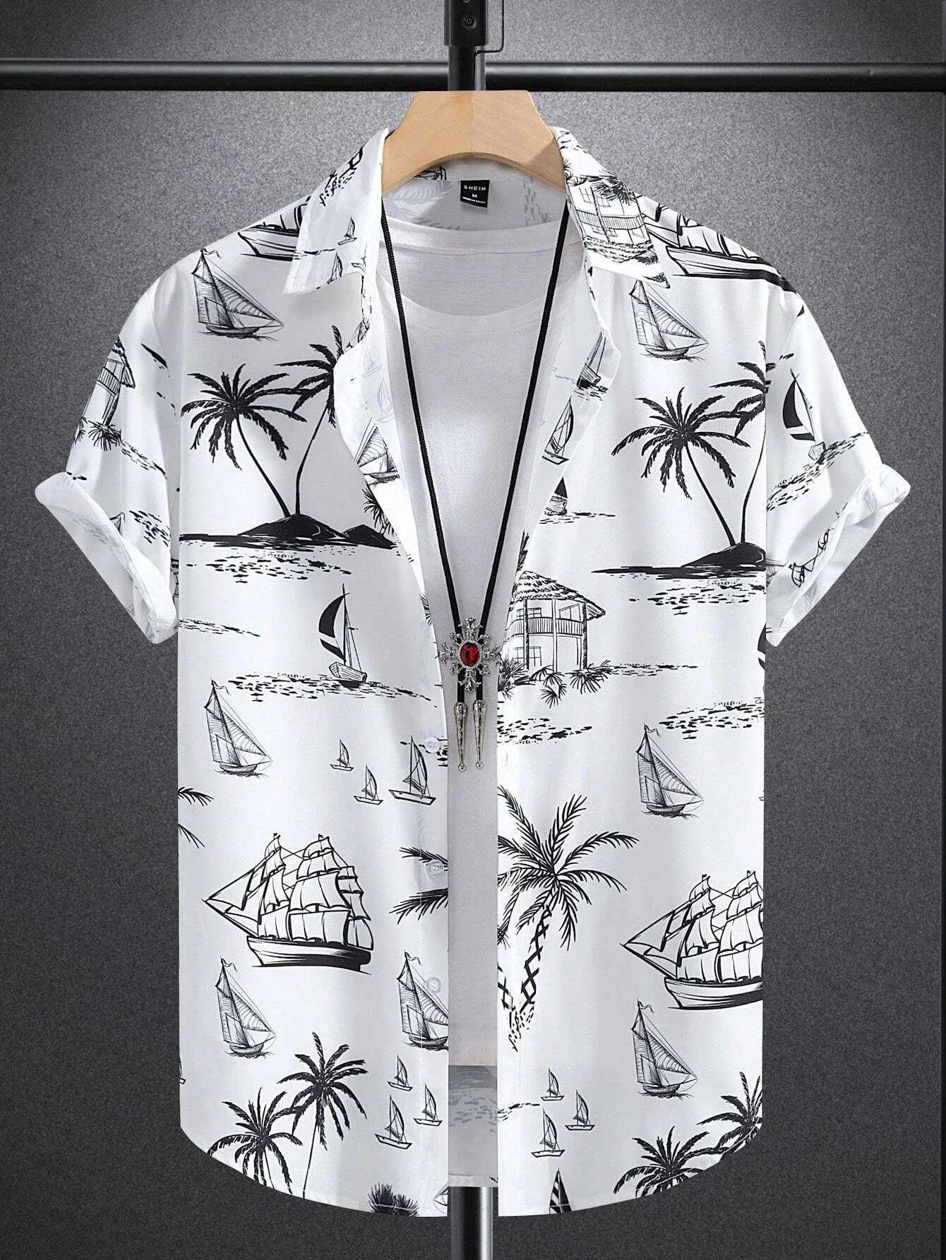 Mens Coconut Tree Graphic Print Short Sleeve Lapel Shirt Tops Mens Casual Button-Down Shirts For Summer Daily Wear And Resort W250627