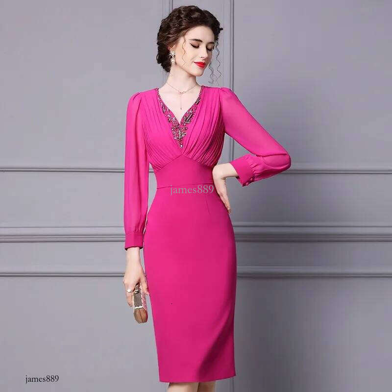 OC-Jackie 409M95 Basic Casual Dresses Autumn and Winter Women's Dress Handmade Nail Beads Long Hip Hugging Skirt Sleeved Evening Gown