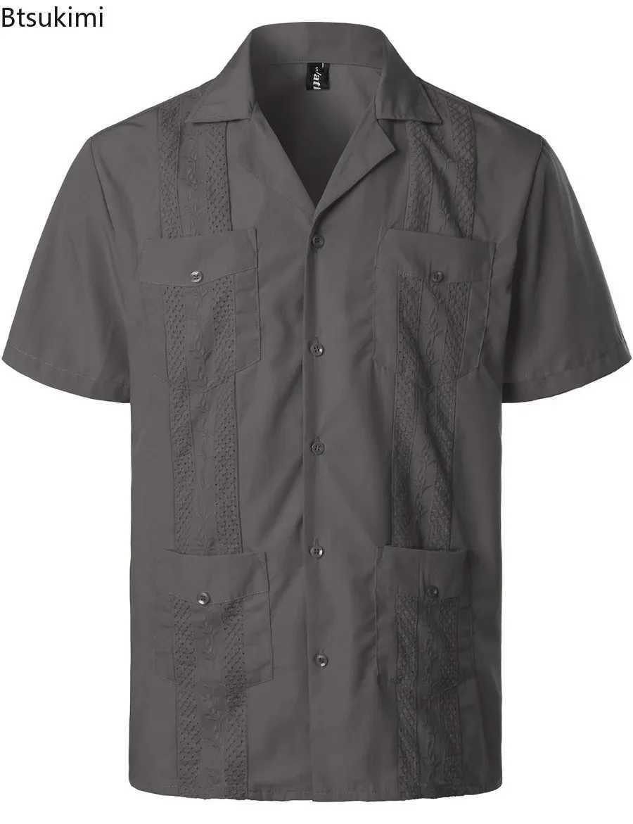 Summer New Mens Shirts Multi-pockets Lapel Short Sleeve Single Breasted Cardigan Male Casual Beach Shirts Traditional Costumes W250627