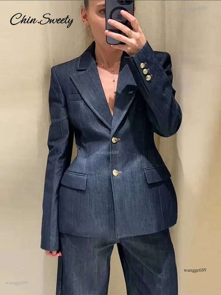 Vintage Denim Pant Sets 3 Pieces For Women Cinched Waist Blazer Strapless Vests Straight Trousers 2025 Jeans High Street Outfits 250226