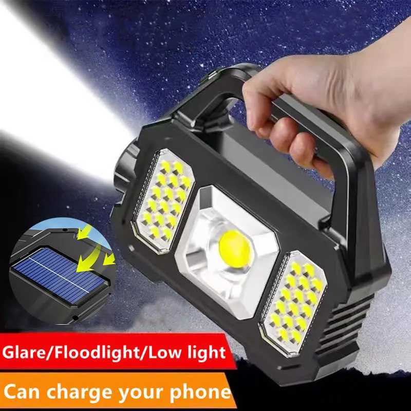 Solar Rechargeable LED Flashlight COB Zoomable Waterproof Tactical Torch Lamp Bulbs Can Charge Mobile Phone Camping Flashlight W250701