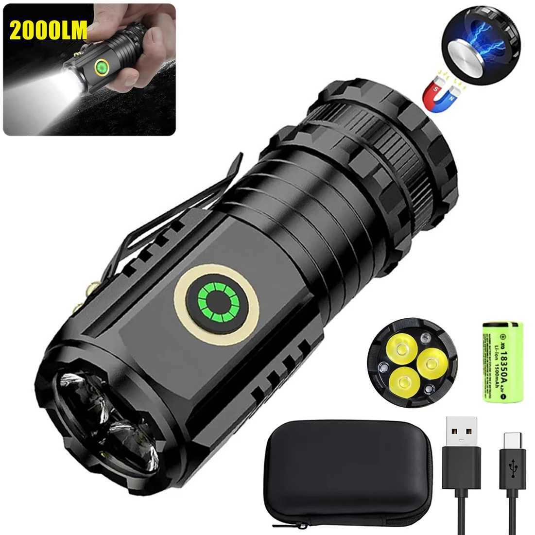Powerful Mini LED Flashlight Super Bright Aluminum Pocket Torch Rechargeable Waterproof Hiking Camping Flash Light with Magnet W250701