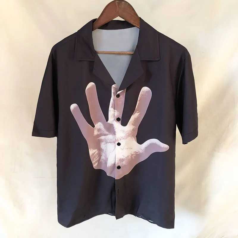 2023 Blue Hand Print Pattern Shirt Short Sleeve Casual Men Shirt Streetwear Summer Camisa Masculina Color Contrast Black Shirt W250627