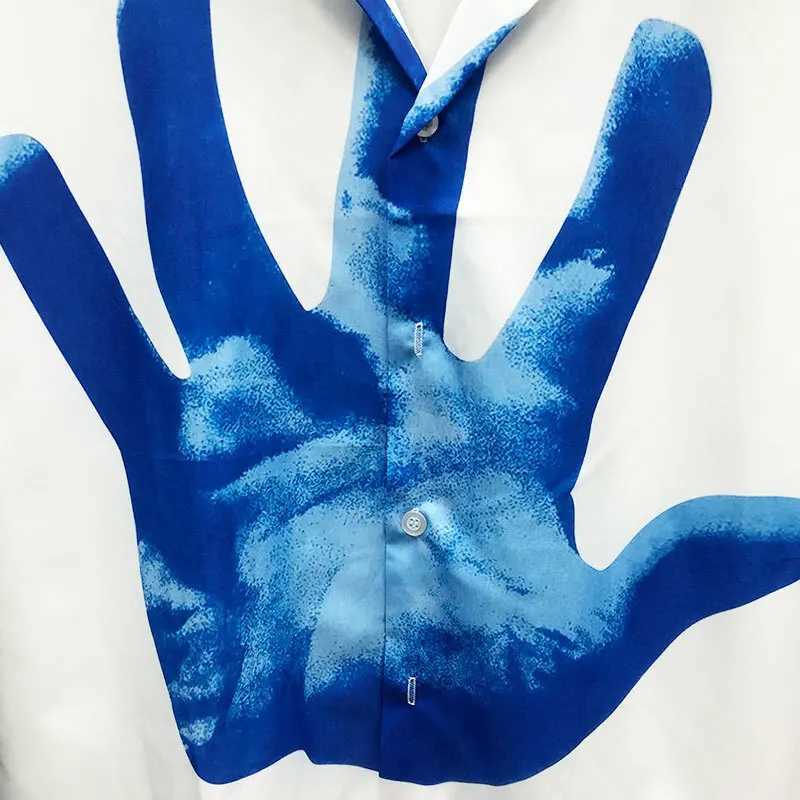 2023 Blue Hand Print Pattern Shirt Short Sleeve Casual Men Shirt Streetwear Summer Camisa Masculina Color Contrast Black Shirt W250627