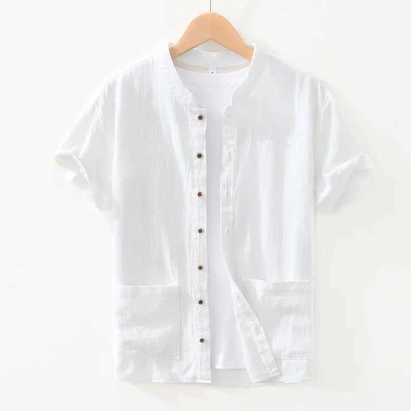 2025 Summer Linen Short Sleeve Shirts For Men Clothing New Breathable Thin Cotton Simple White Turn-down Collar Shirts Male W250627