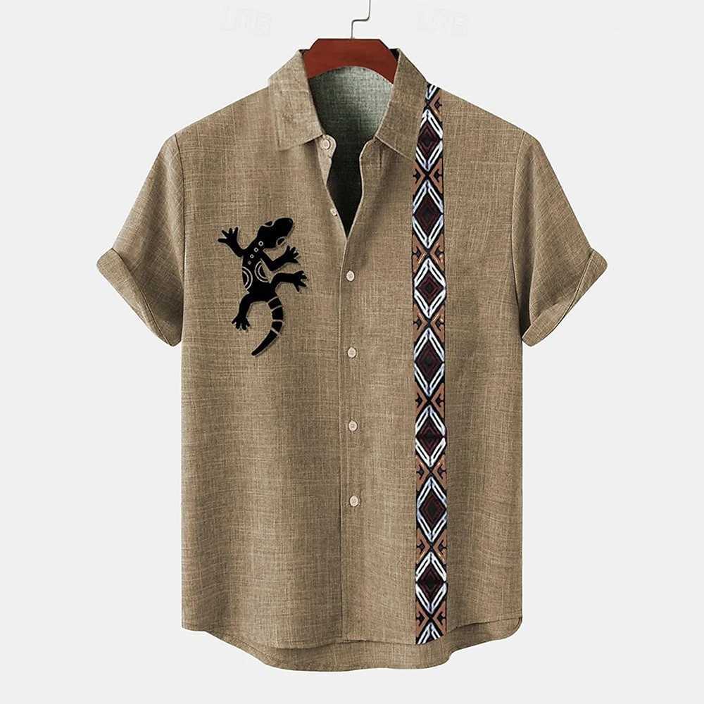 Vintage Mens Shirt Ethnic Pattern Print Short Sleeve Lapel Shirts Summer Male Oversized Clothing Fashion Casual Streetwear W250627