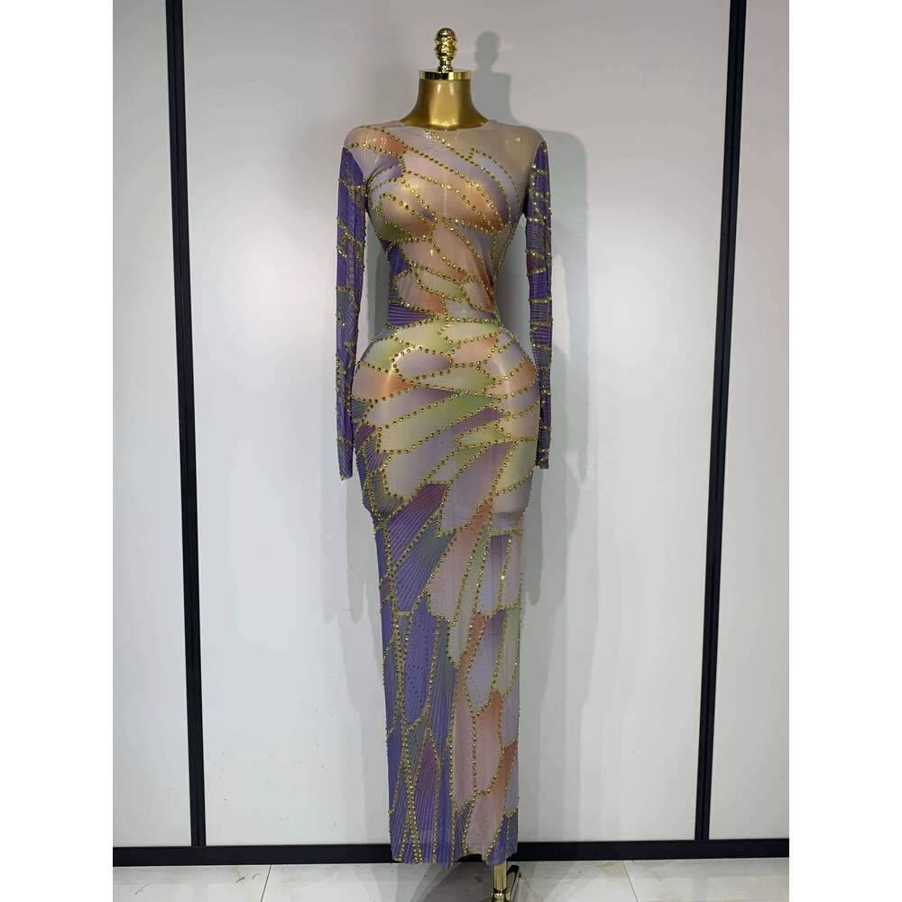 Sparkly Rhinestone Stretchy Mesh See Through Dress Women 2025 Performance Dancer Costume Birthday Nightclub Stage Outfit