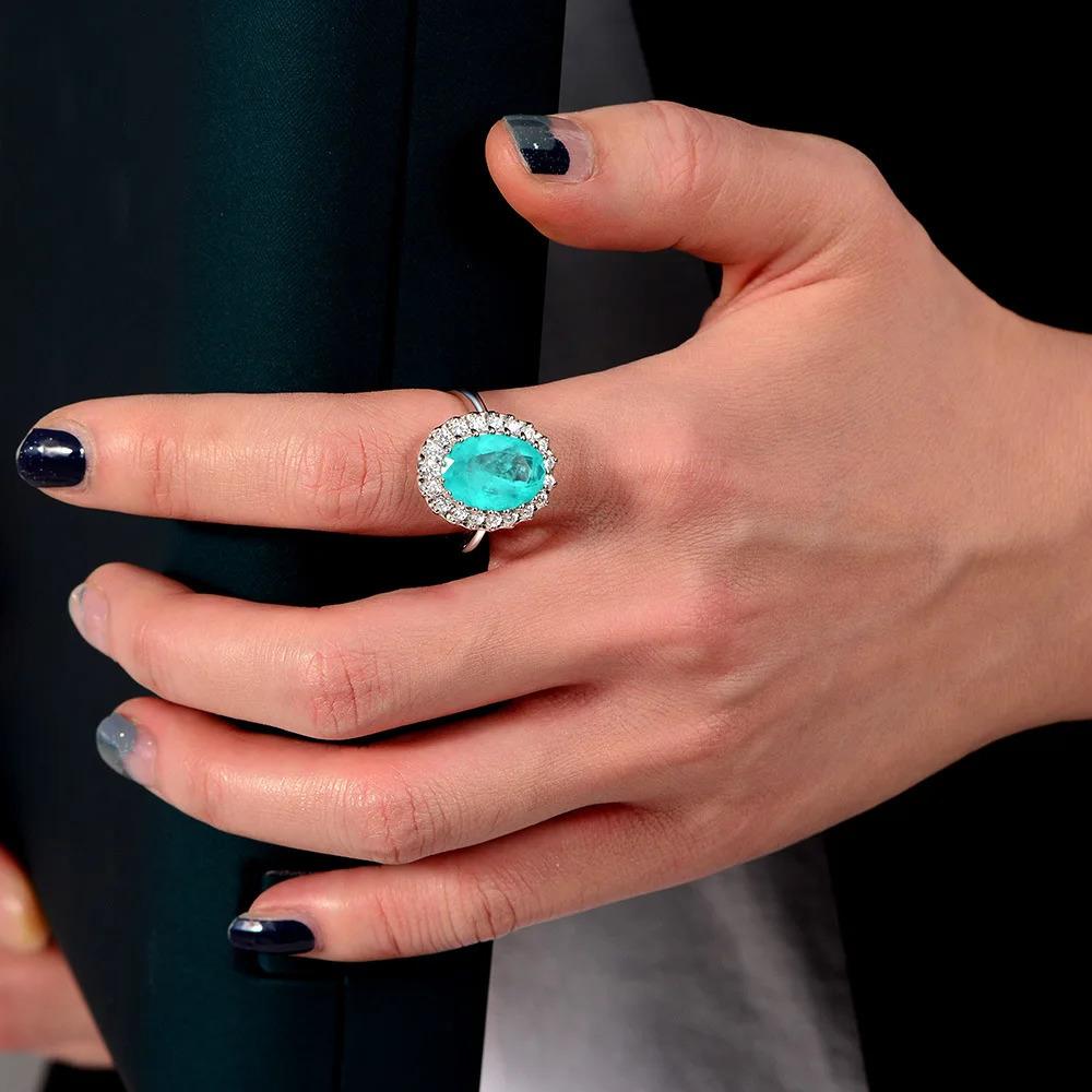 OEVAS 10x14mm Paraiba Tourmaline Gemstone Rings 925 Sterling Silver Sparkling High Carbon Diamond Ring For Women Wedding Jewelry 250627