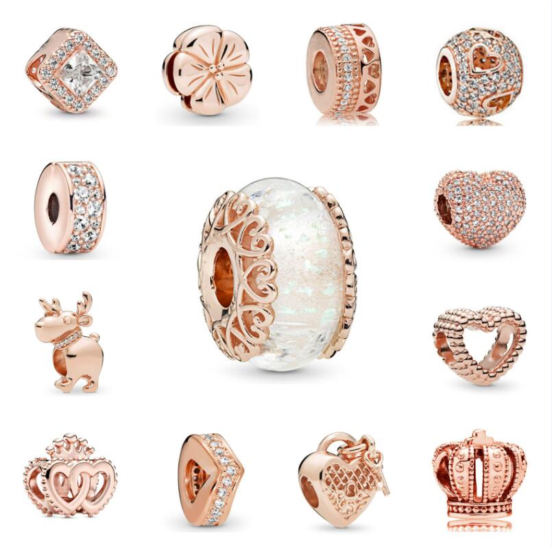 Designer Charms Classic Big Hole Loose Beads Rose Gold Heart Flower Diamond Pendant Jewelry Finding Components For Women DIY Fit Chain Bracelet Necklace Love Gift