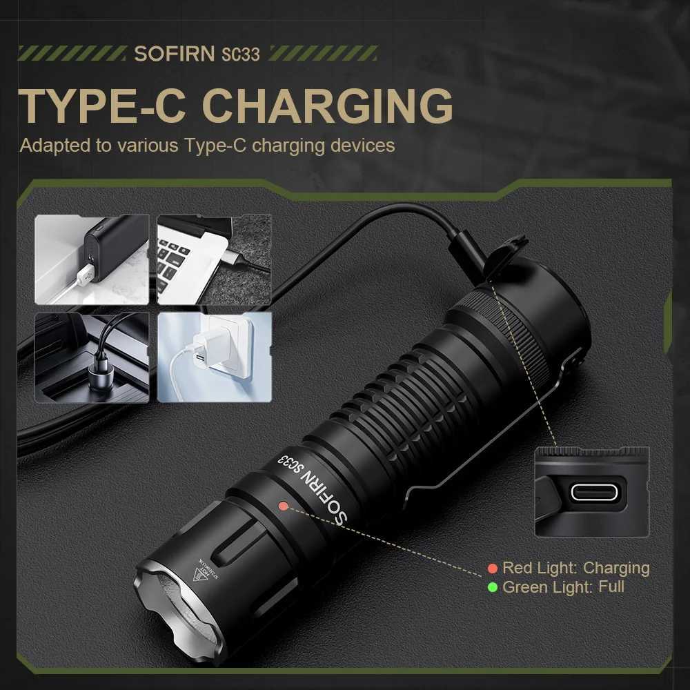 Sofirn SC33 XHP70.3 HI LED Flashlight Tactical 5200lm Powerful 21700 USB C Rechargeable Torch with Tail E-switch Outdoor Light W250701