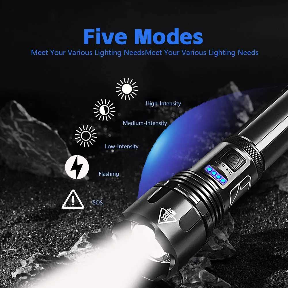 Metal Super Bright Long Range LED Flashlight Tactical Light Rechargeable Light Zoom Torch Camping Lantern Outdoor Waterproof W250701