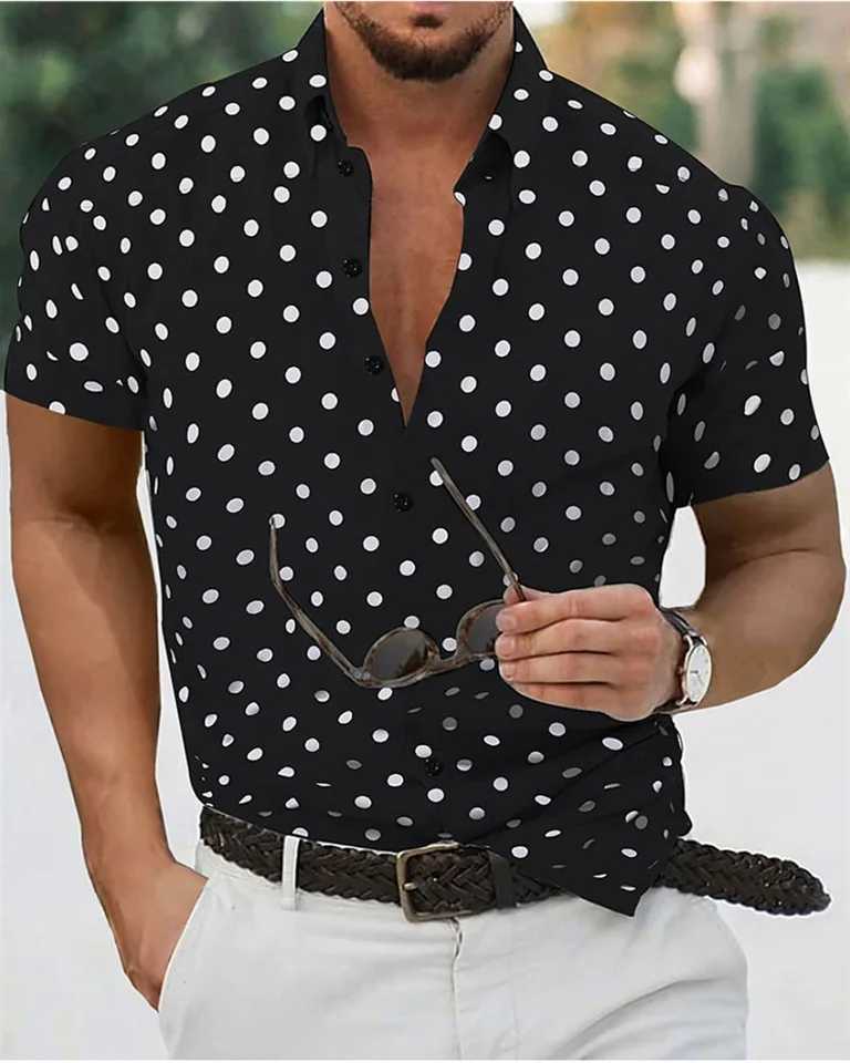 Mens shirt summer beach shirt black and white short sleeve polka dot lapel vacation clothing fashionable casual comfortable 5XL W250627