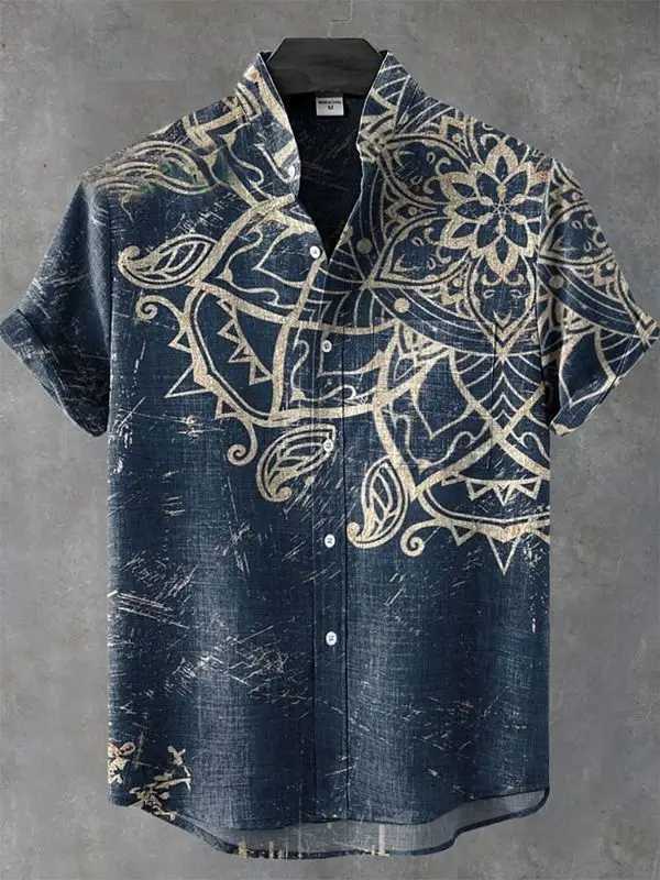 Retro African tribal totem pattern printed mens new linen comfortable fabric short-sleeved shirt for casual street wear W250627