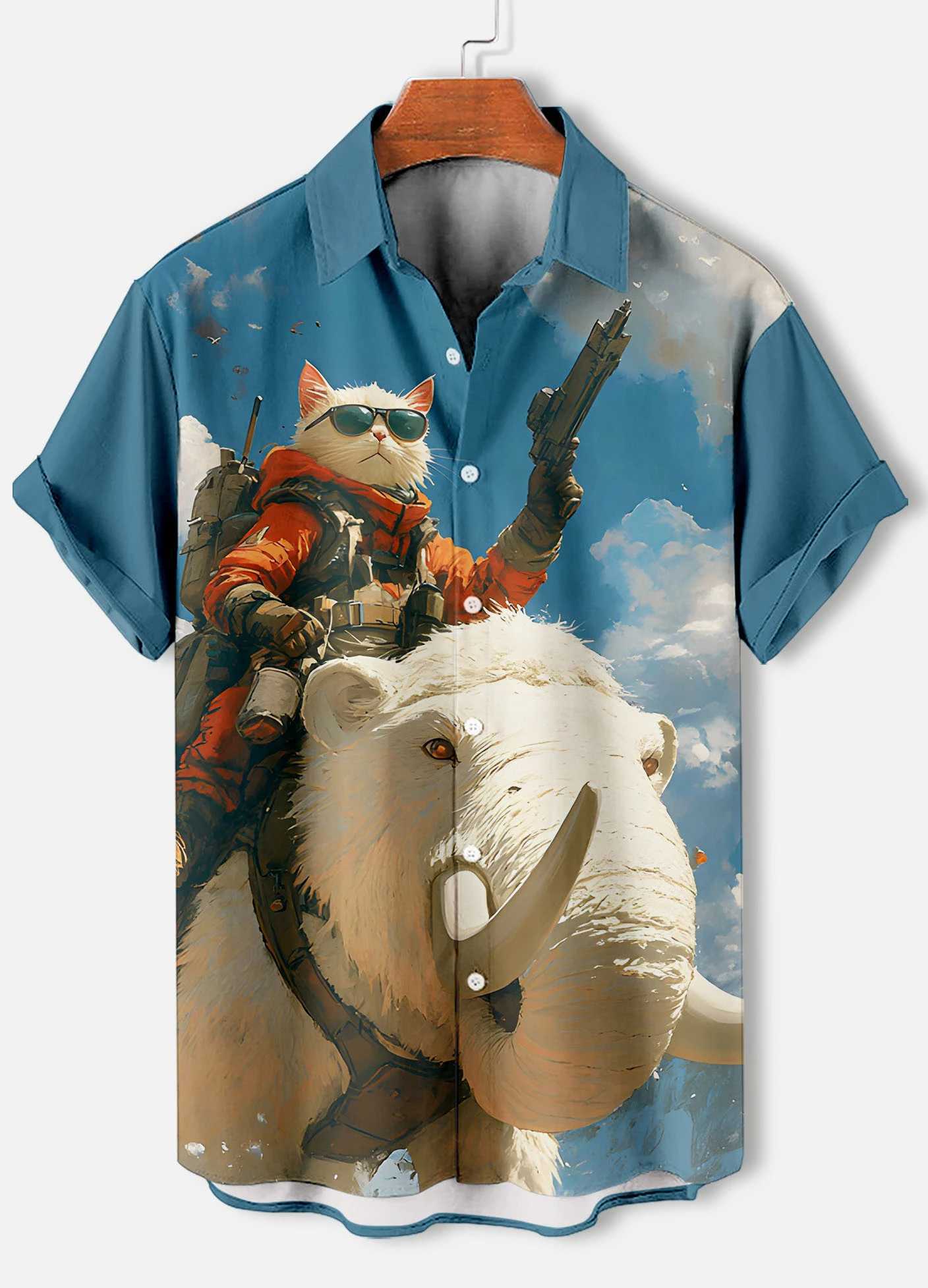 Mens Retro Cartoon Anime Cat Theme Short Sleeve Shirts Short Sleeve Tops Fashion Casual Vacation Streetwear Summer Mens Shirts W250627