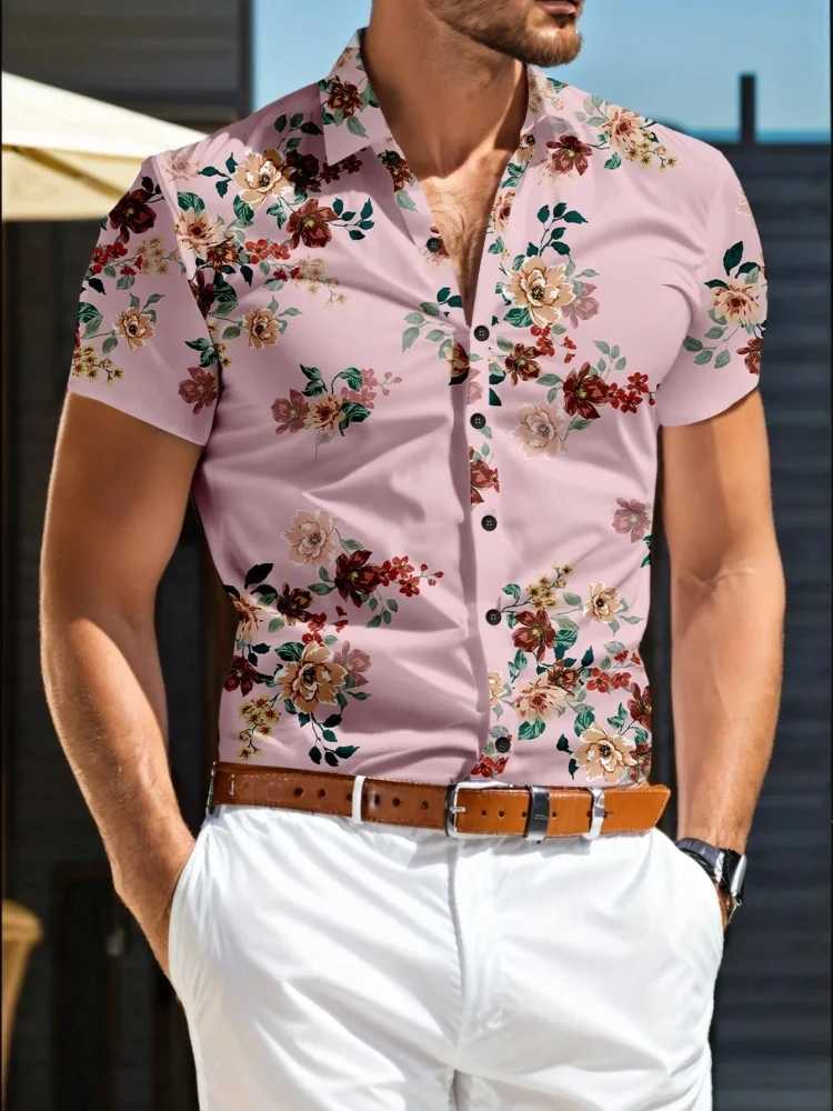 Summer Mens Lapel Short-sleeved Shirt Bright Floral Print Street Trend Casual Single-breasted Shirt For Outdoor Casual W250627