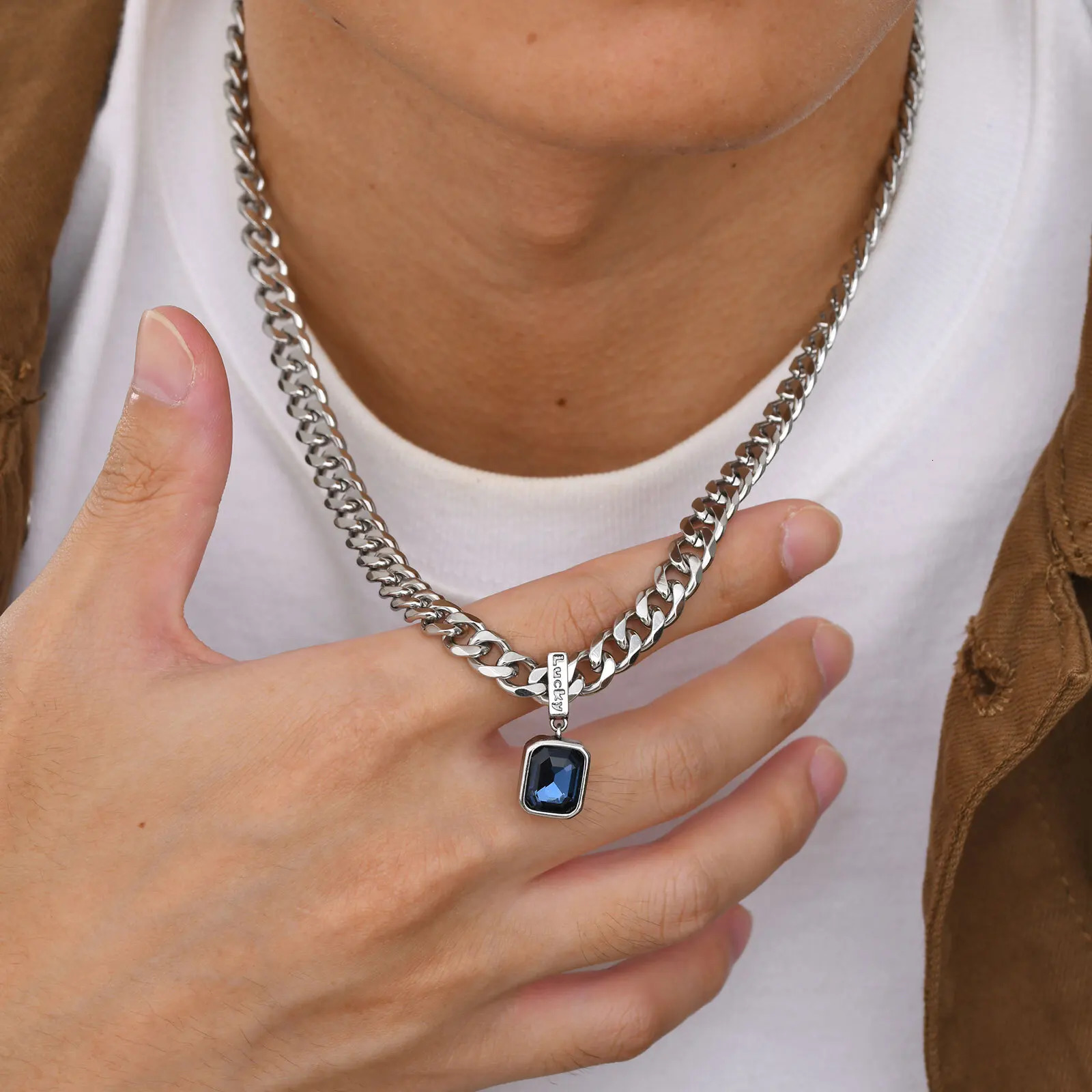 Sea Blue Zircon Pendant Necklaces for Men BoysStainless Steel Lucky Words Pendant CollarPunk Hiphop Jewelry Birthday Gift 250627
