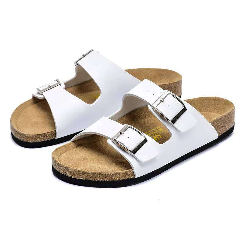 2024 Summer New Double-Breasted Cork Slippers Unisex Genuine Leather Sandals Comfortable for Outdoor Wear