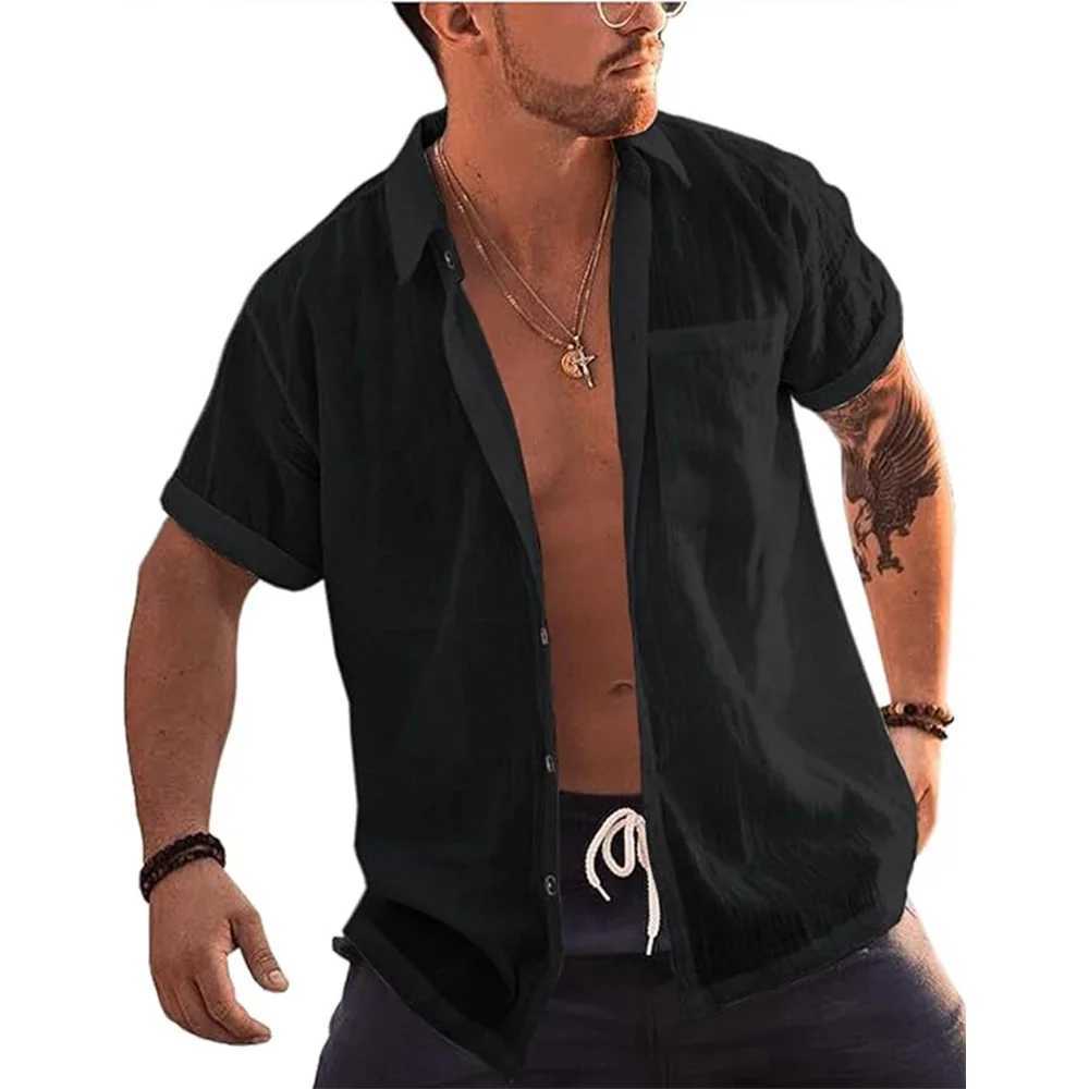 Mens Short Sleeve T-Shirts Button Up Shirts Linen Cotton Beach Tops Turn Down Collar Summer T Shirt with Pocket W250627