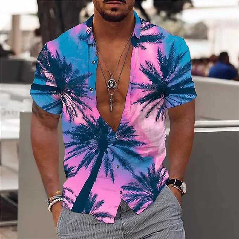2024 Summer Hawaiian Mens Shirt Vacation Daily Slim-fit Top Gym Elegant Floral Pattern Leaves Society Casual Fashion W250627