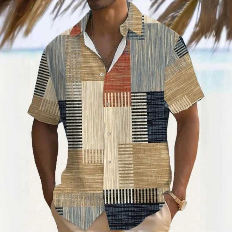 Vintage Mens Shirt Color Block Patchwork Printed Shirts Oversized Casual Short-Sleeved Summer Streetwear Men Clothing Tees Tops W250627