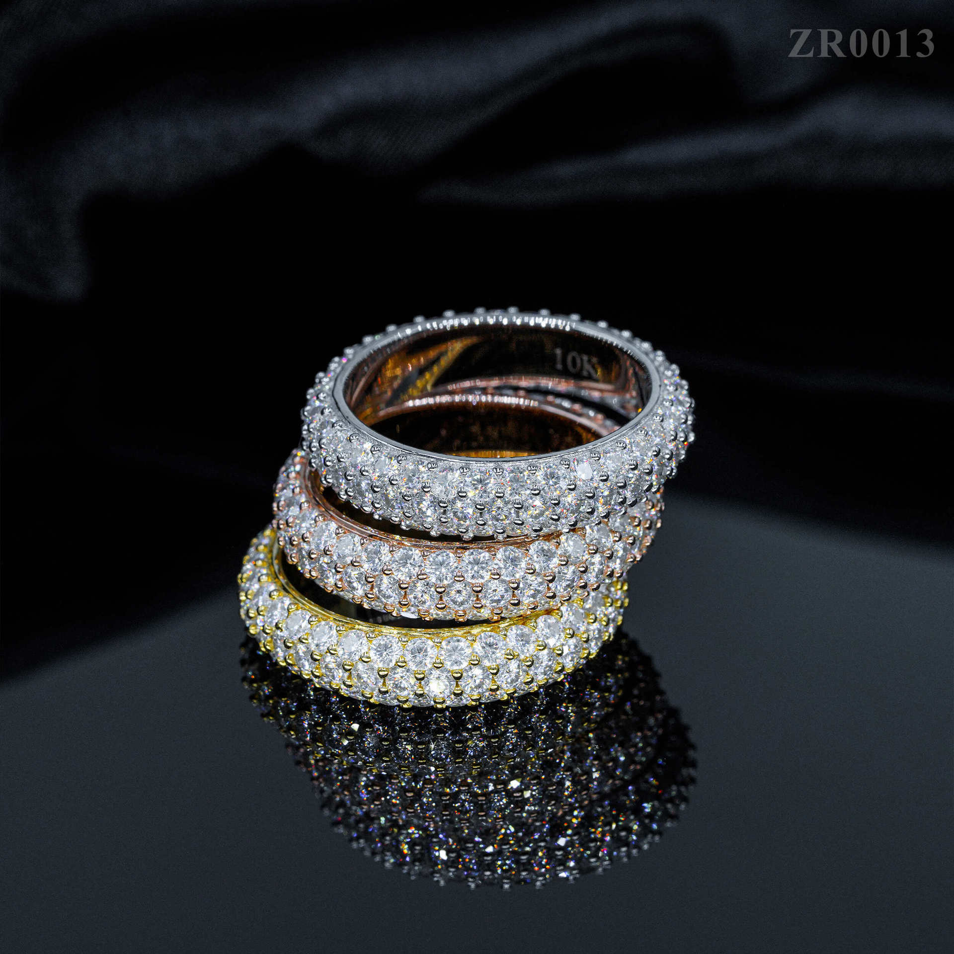 Solid 925 Sterling Silver Gold Plated Fine Jewelry Fully Iced Out 3 Rows Moissanite Band Ring