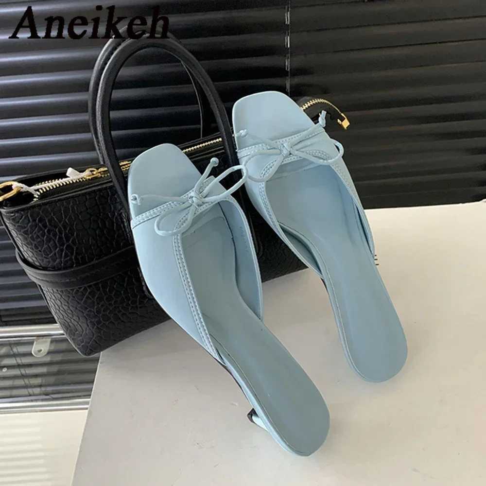 Aneikeh 2025 New Comfortable Low Heel Square Sandals Sweet Bow Silk Thick Heel Slippers for Ladies Outdoor Blue Slides Y250627