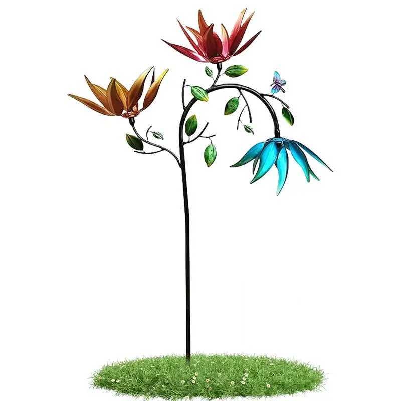 Large Metal Wind Spinner With Three Spinning Flowers Butterflies Windmill Wind Sculpture Outdoor Garden And Yard Art Decor X250627
